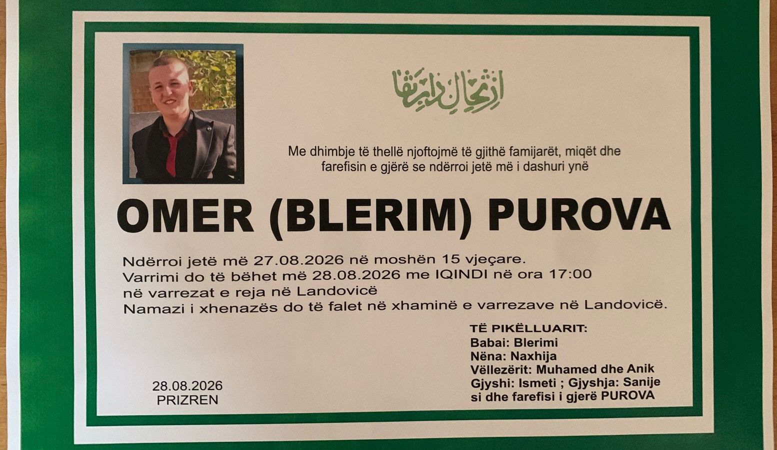 Njoftim për vdekjen