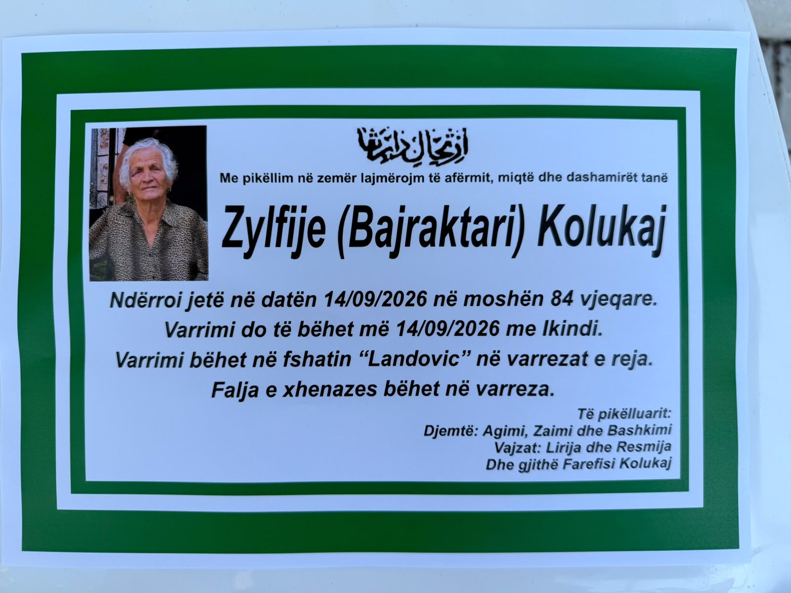 Njoftim për vdekjen