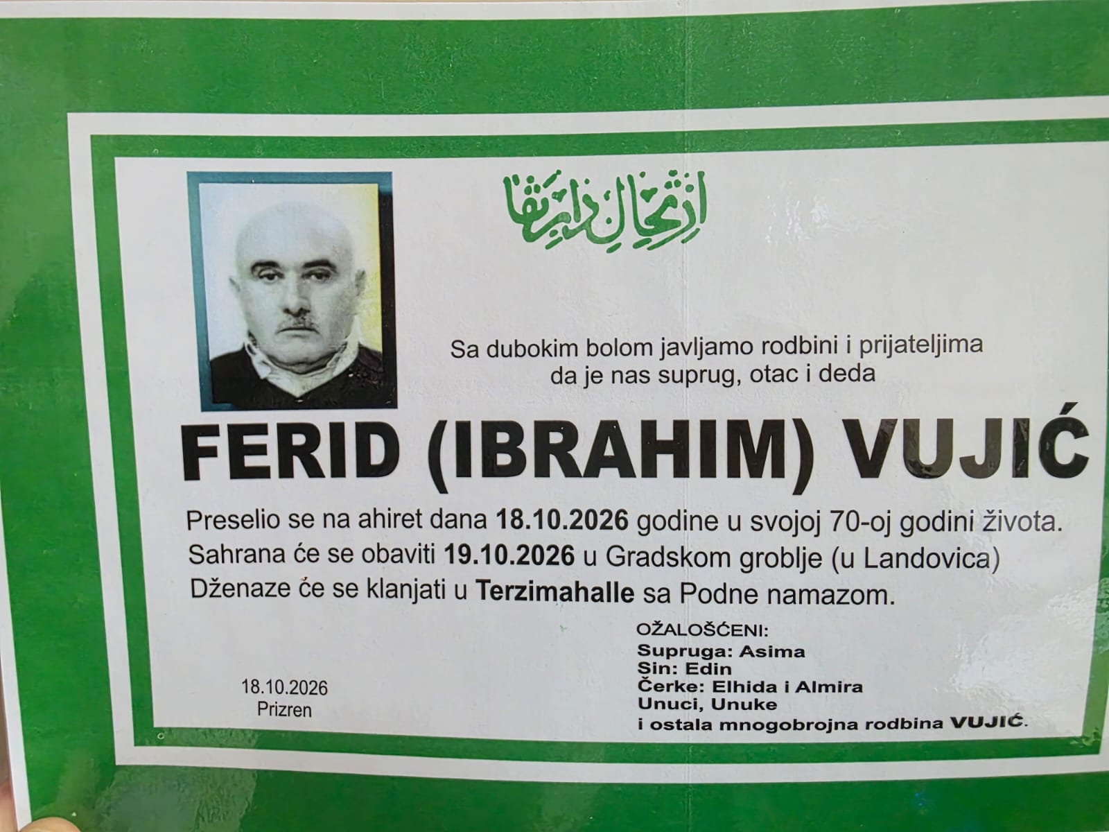 Njoftim për vdekjen